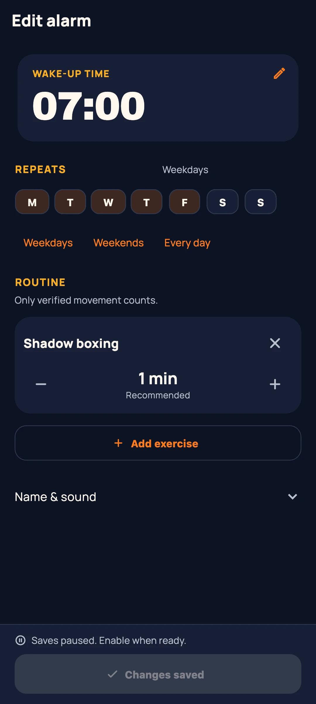 Actual Wake Strong alarm setup screen.