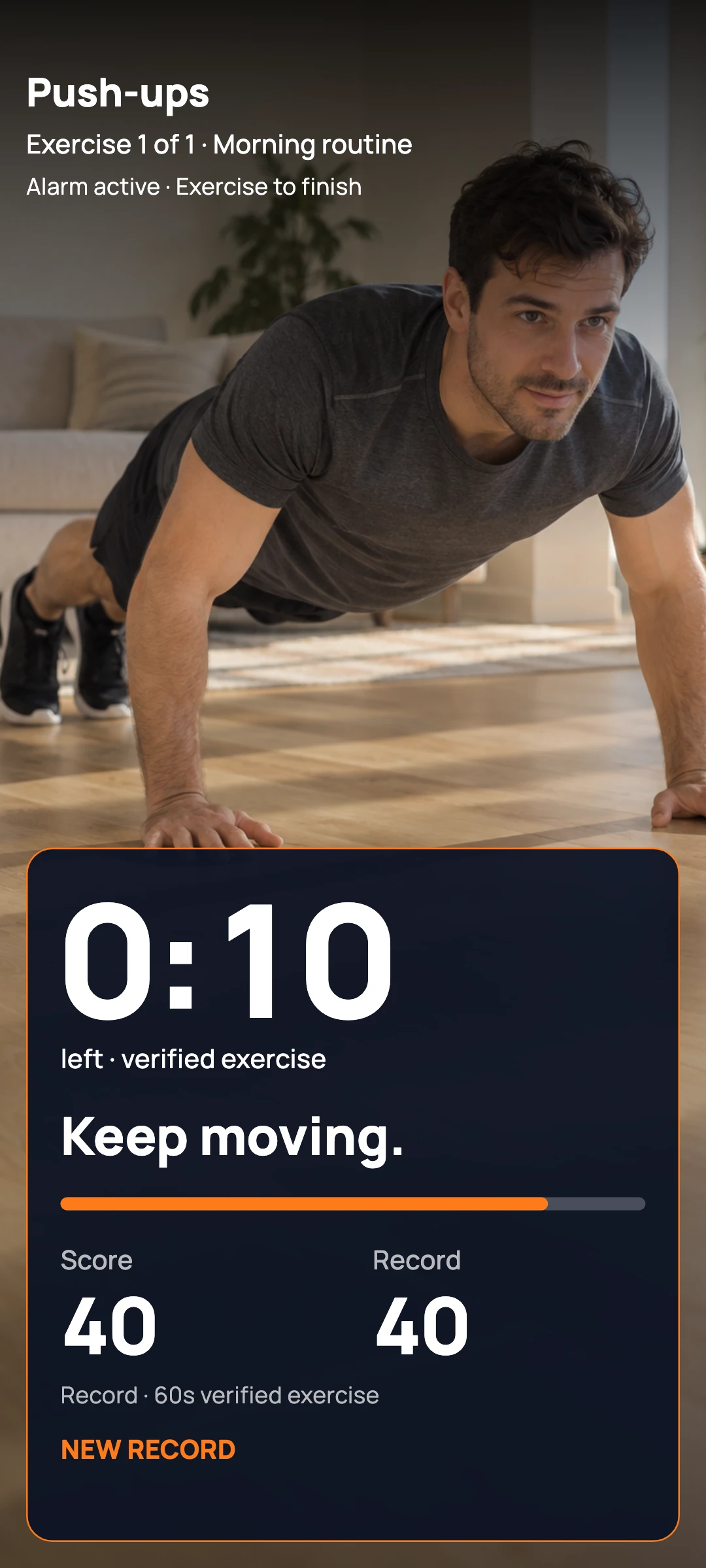 Push-ups in progress: 10 seconds left, score 40, and a new record.